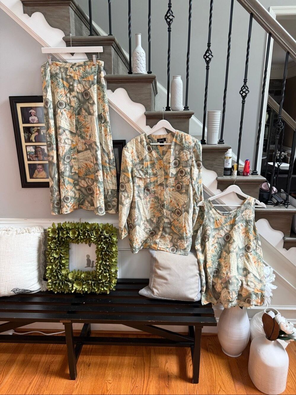 Vintage Rafaella 100% Silk Map & Compass Print 3 Pc. Skirt Set sz 12 EUC